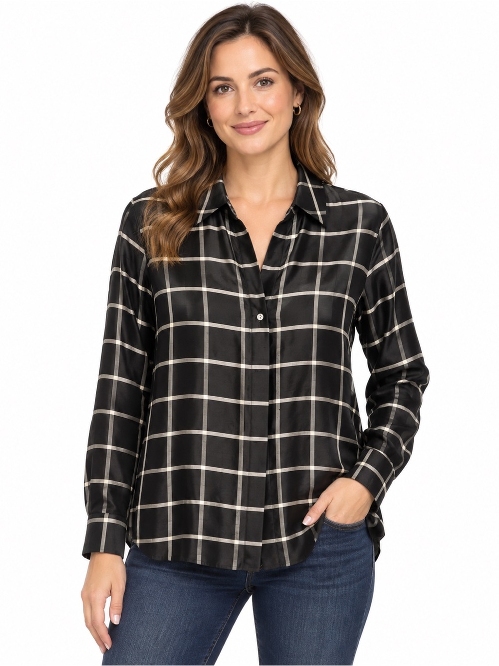 Women's Black Plaid Button-Down Shirt 100% Silk - 1104
